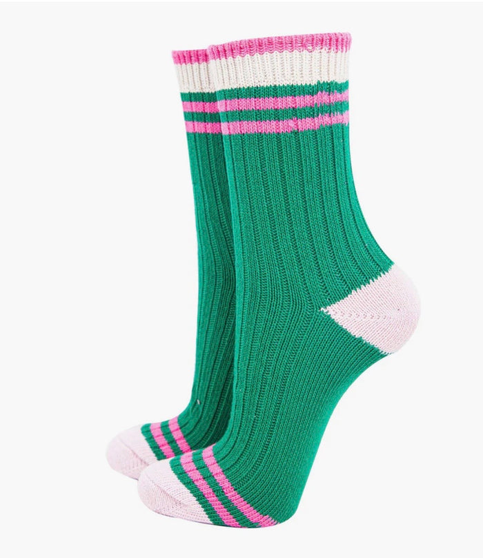 Women's Mid-Calf Socks- Green/Pink, Striped Cuff
