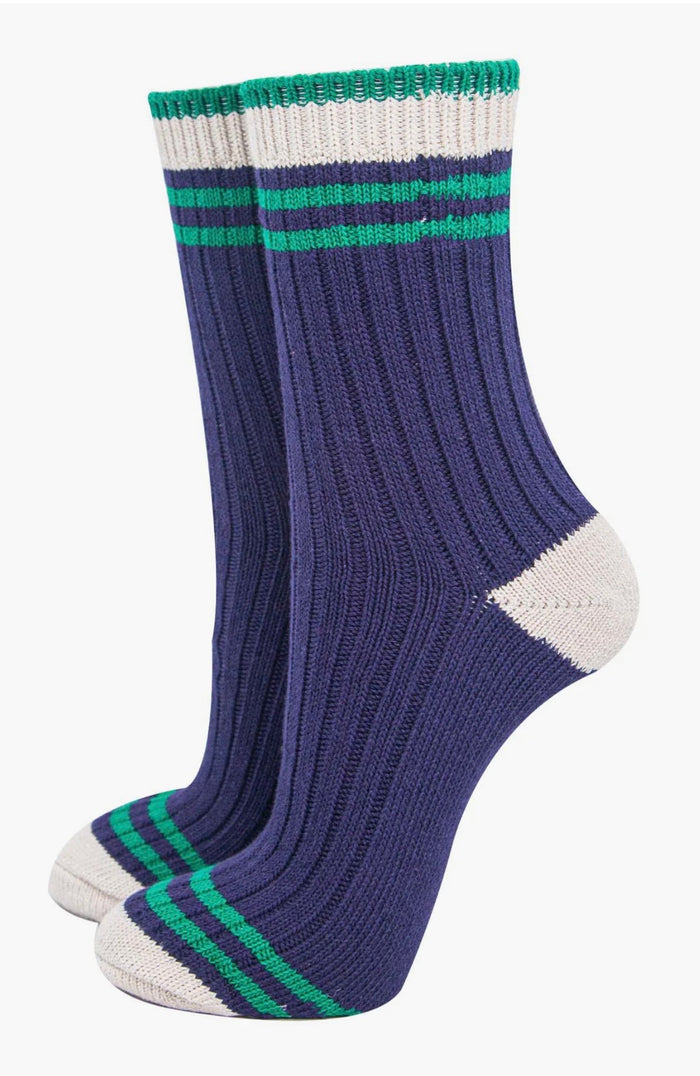 Women's Mid-Calf Socks- Navy Blue/Green, Striped Cuff