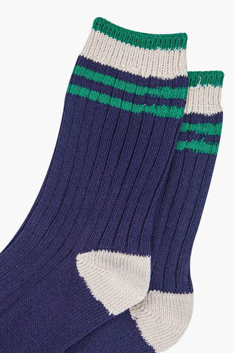 Women's Mid-Calf Socks- Navy Blue/Green, Striped Cuff