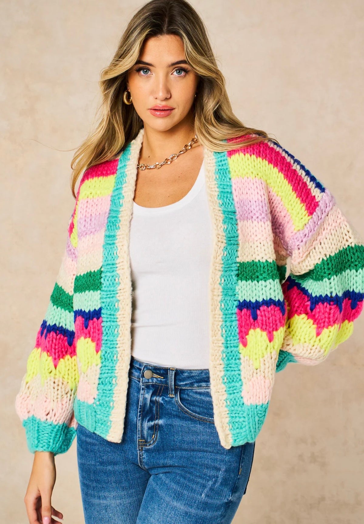 Hand Knitted Rainbow Striped Cardigan in Multi