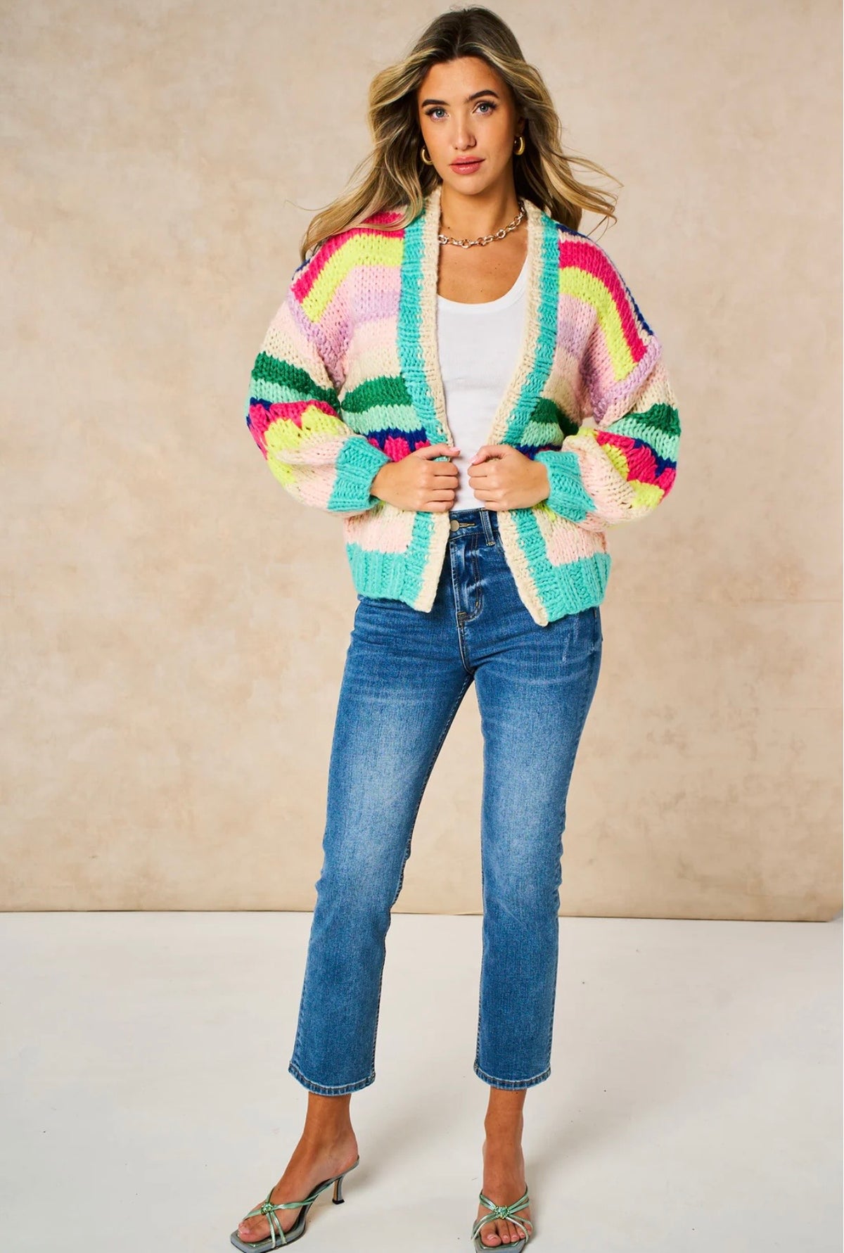 Hand Knitted Rainbow Striped Cardigan in Multi