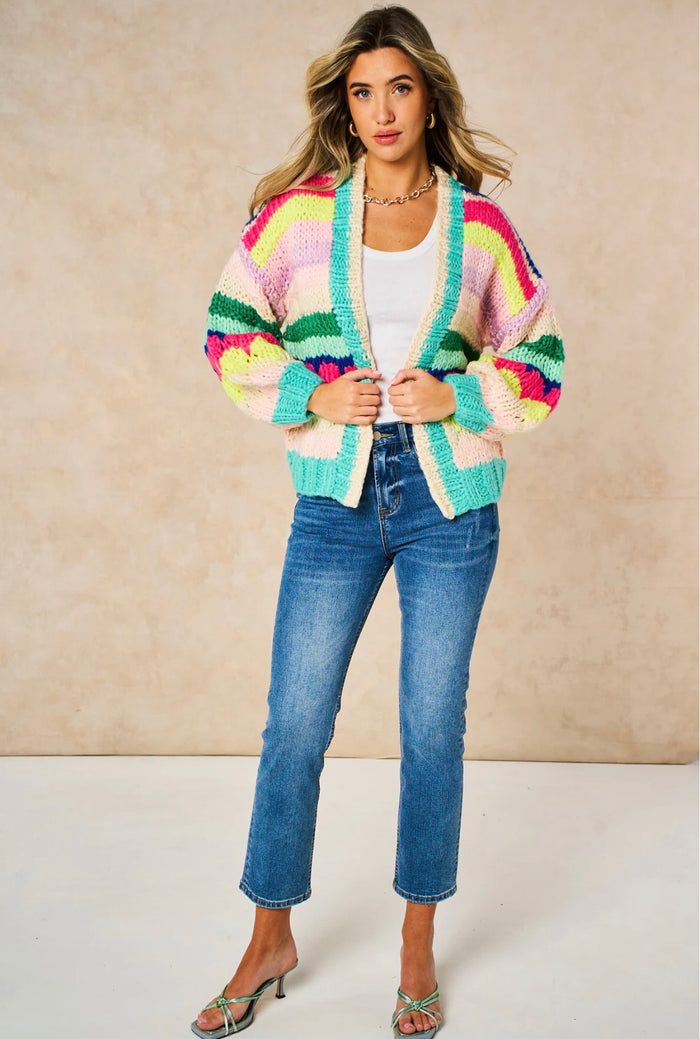 Hand Knitted Rainbow Striped Cardigan in Multi