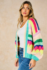 Hand Knitted Rainbow Striped Cardigan in Multi
