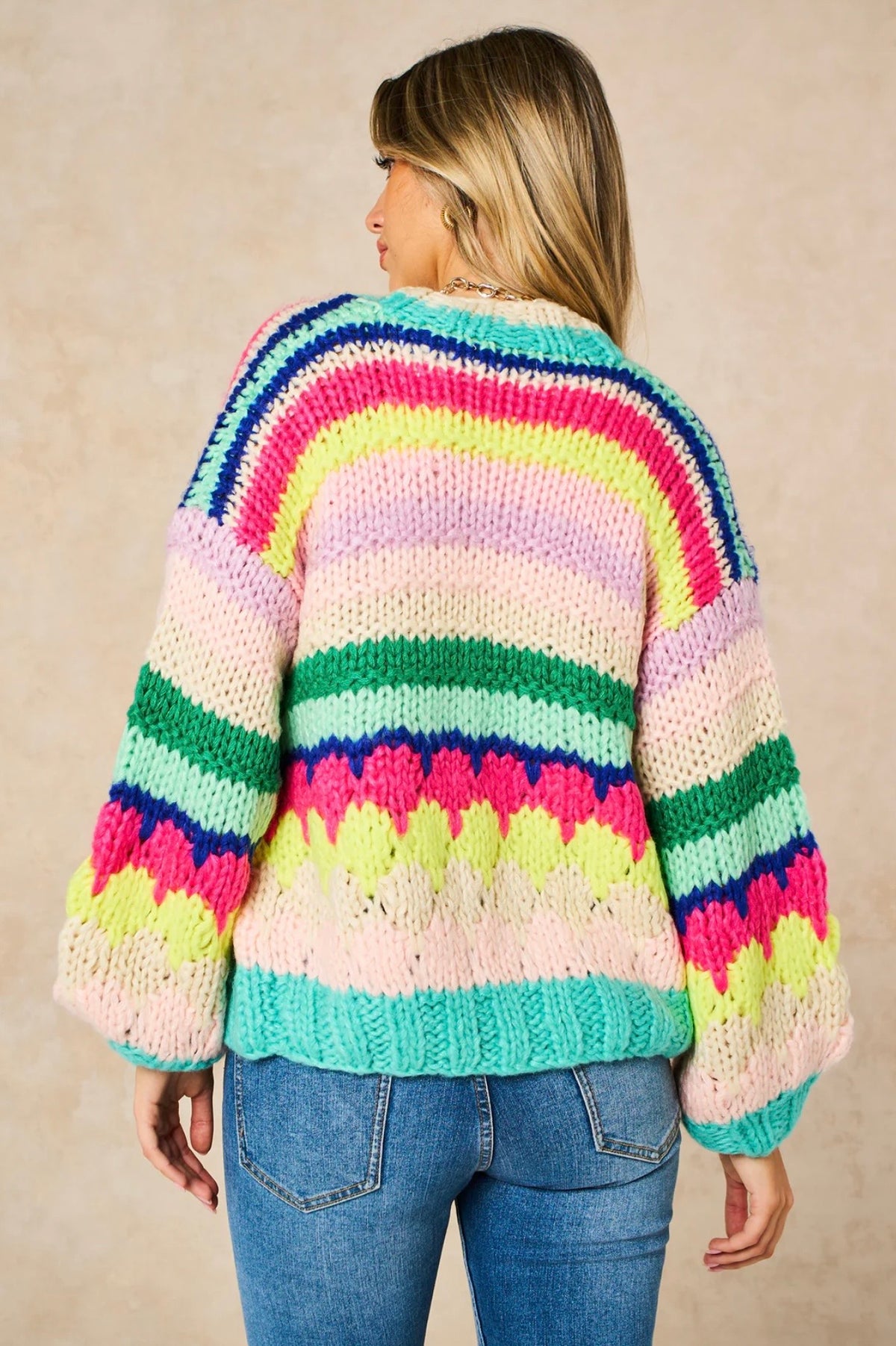 Hand Knitted Rainbow Striped Cardigan in Multi