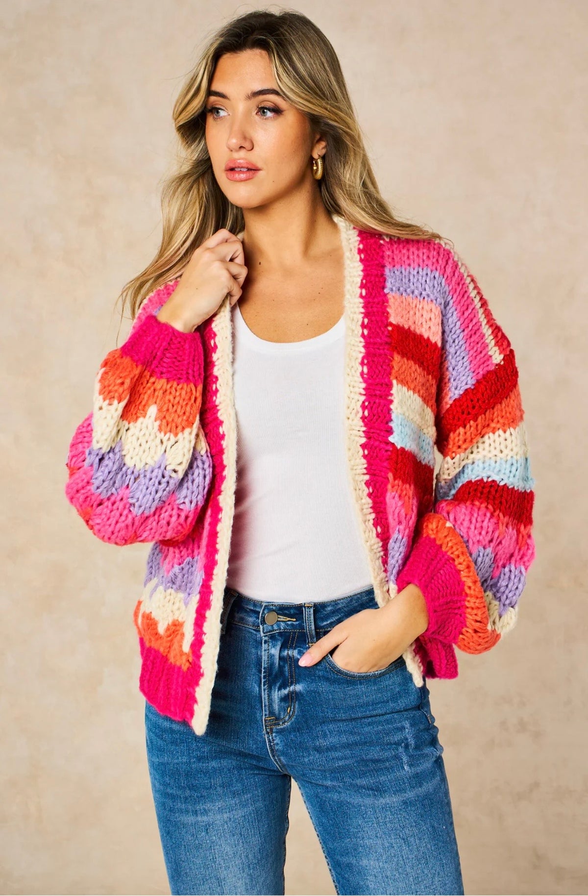 Hand Knitted Rainbow Striped Cardigan in Red/Pink