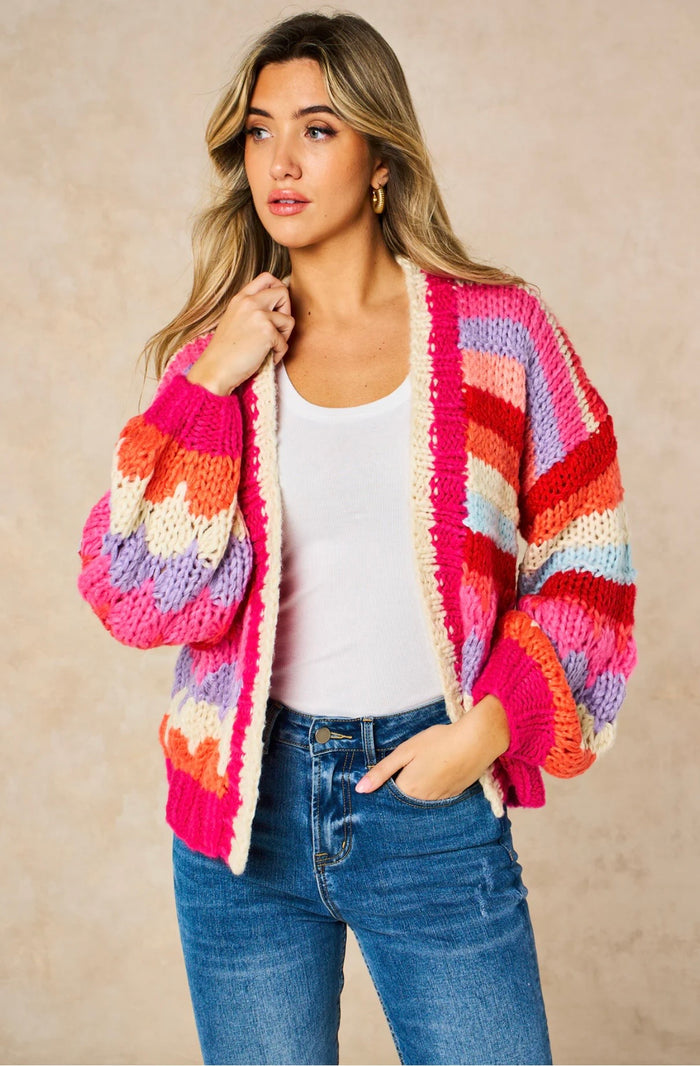 Hand Knitted Rainbow Striped Cardigan in Red/Pink