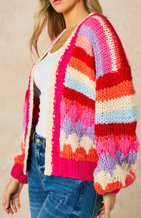 Hand Knitted Rainbow Striped Cardigan in Red/Pink