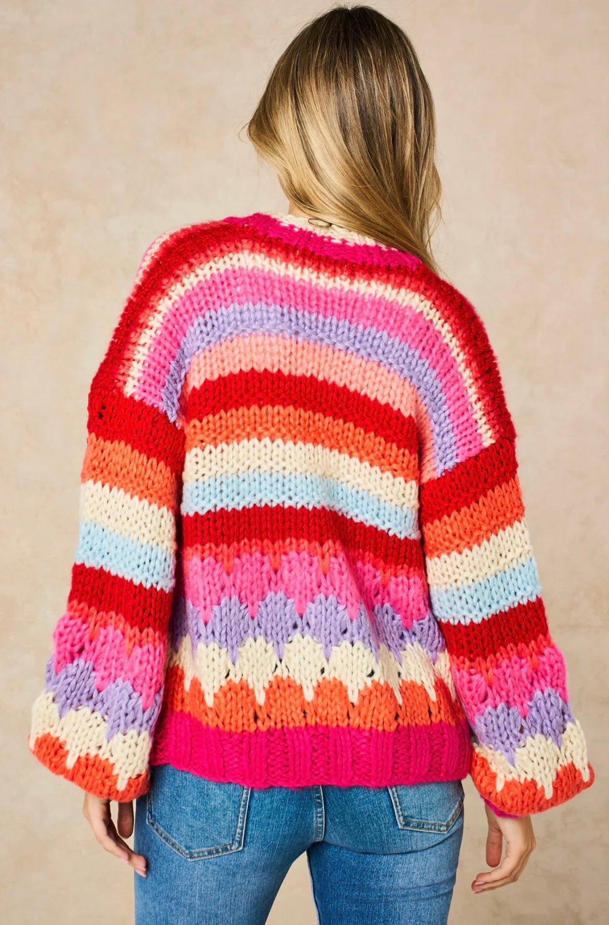 Hand Knitted Rainbow Striped Cardigan in Red/Pink