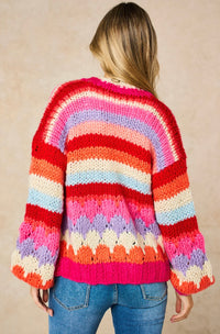 Hand Knitted Rainbow Striped Cardigan in Red/Pink