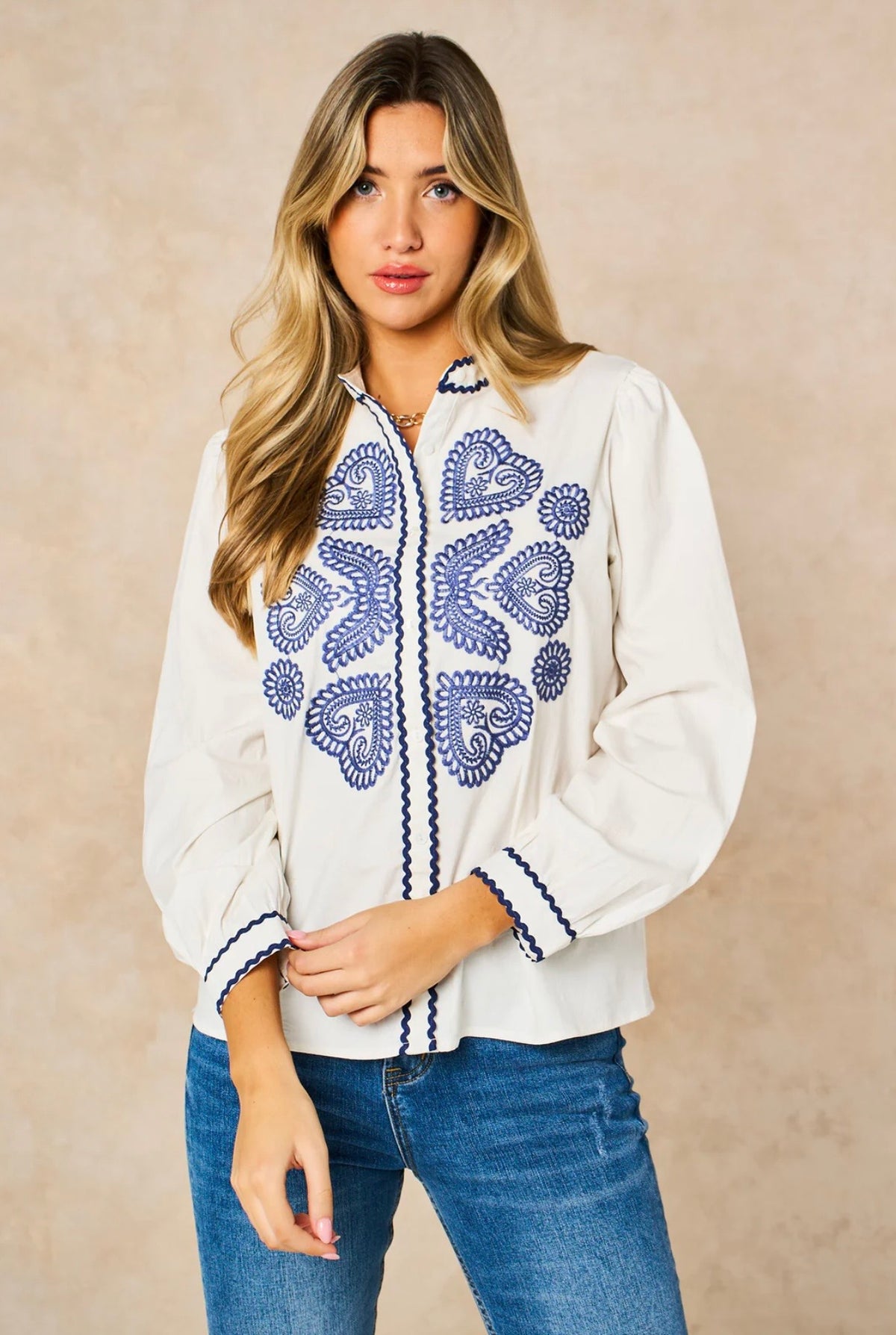 Embroidered Hearts Long Sleeve Cotton Shirt in White