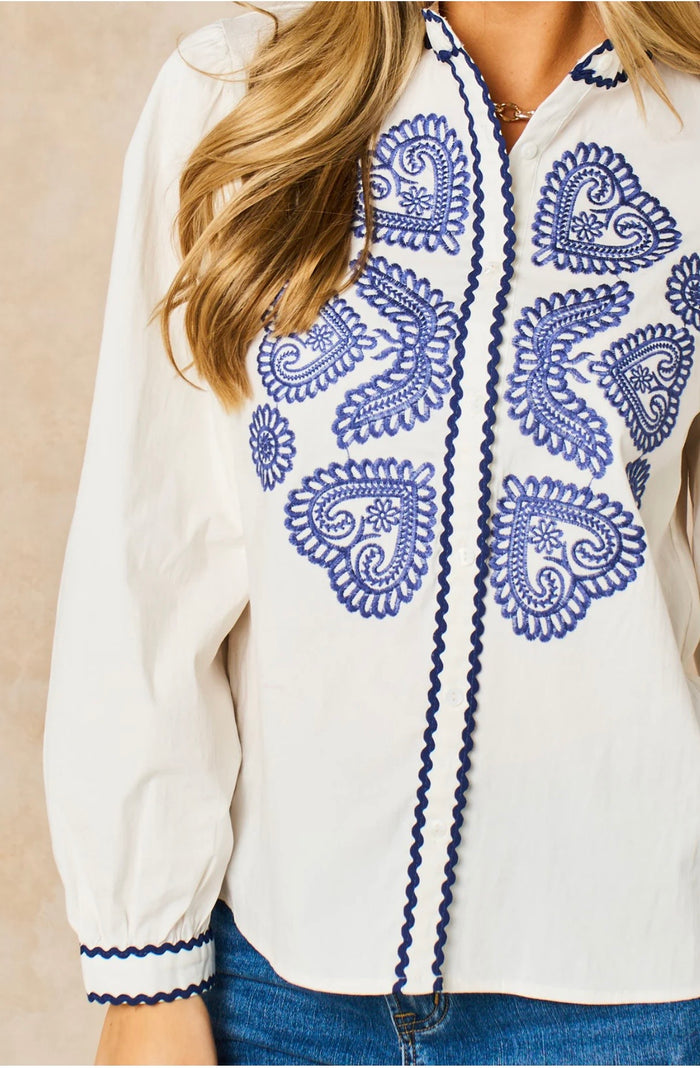 Embroidered Hearts Long Sleeve Cotton Shirt in White