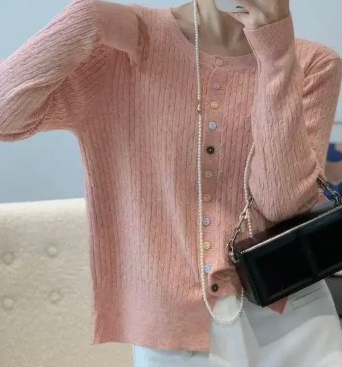Fine Knit Cable Knit Cardigan with Multi Button - Pink