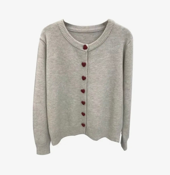 Heart Button Cardigan in Stone & Red