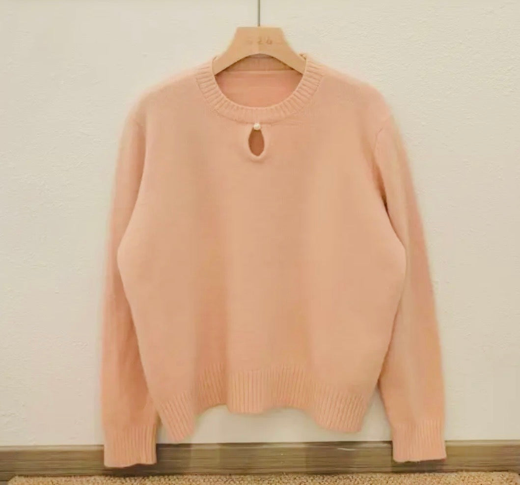 Looped Neck Jumper with Pearl Detail in Pink