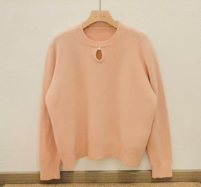 Looped Neck Jumper with Pearl Detail in Pink