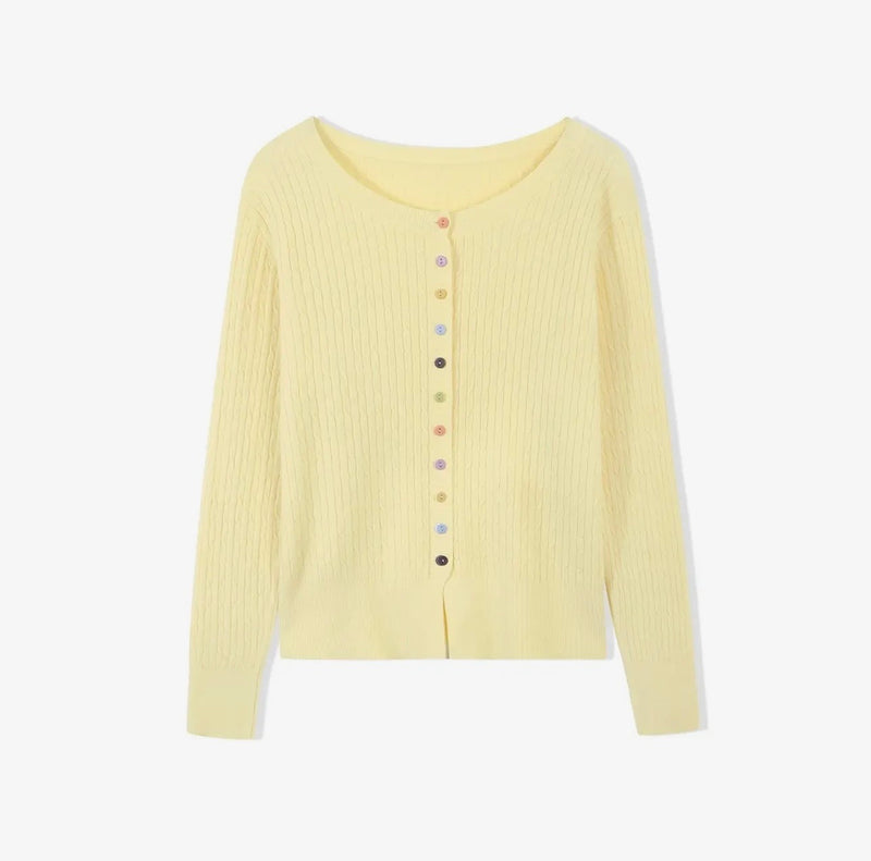 Fine Knit Cable Knit  Cardigan with Multi Button - Yellow