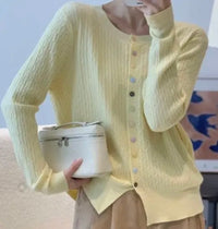 Fine Knit Cable Knit  Cardigan with Multi Button - Yellow