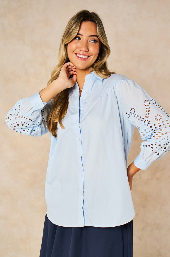 Anya Cotton Oversized Shirt - Blue, Cut-Out Broderie