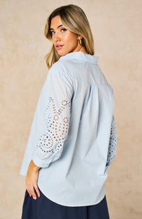 Anya Cotton Oversized Shirt - Blue, Cut-Out Broderie