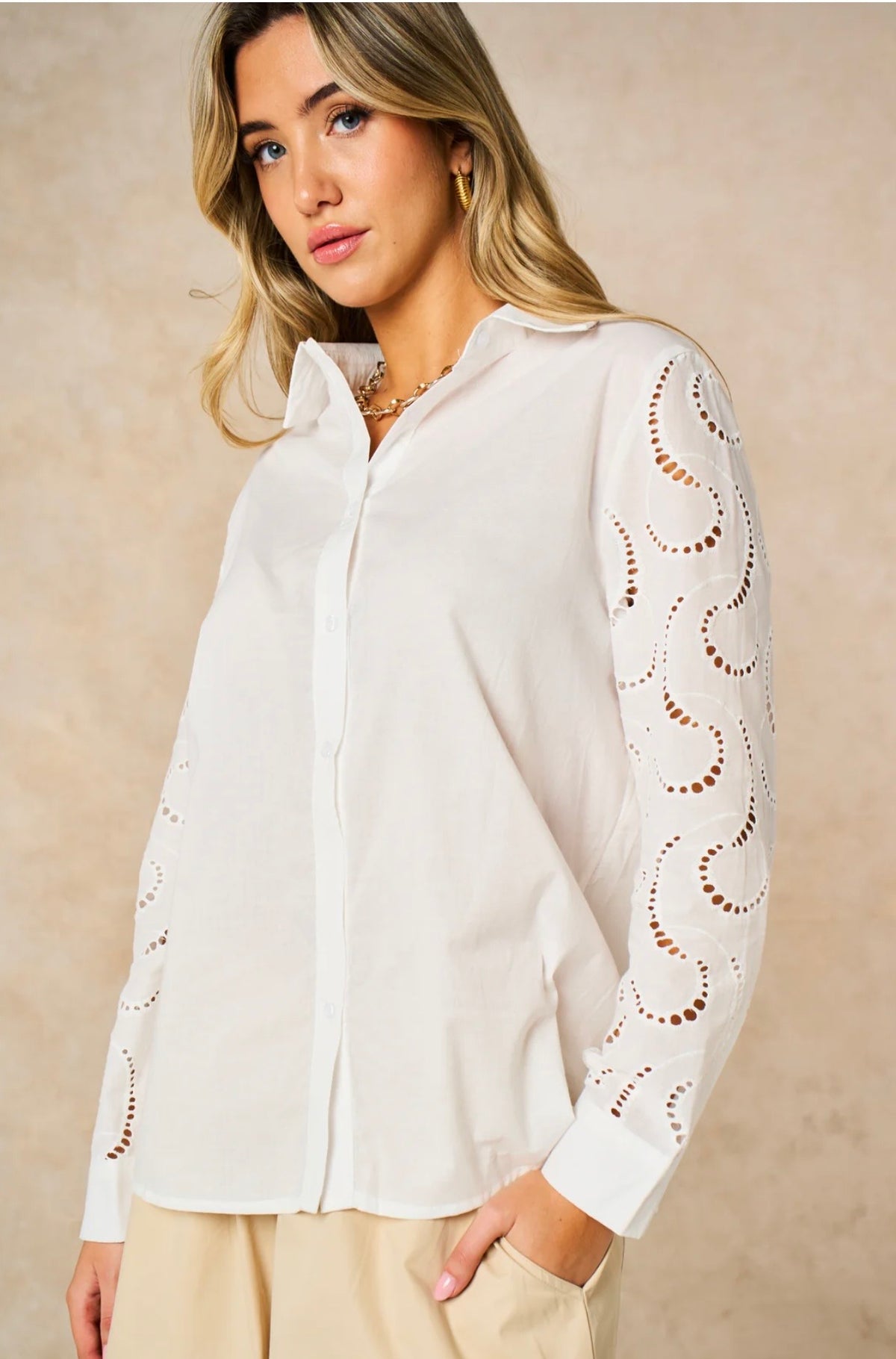 Darby Long Sleeve Cotton Shirt - White, Cut-Out