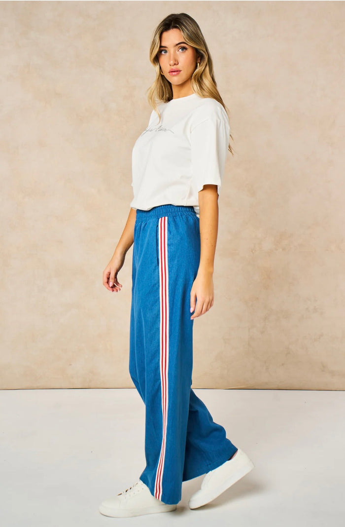 Striped Trim Wide Leg Trousers in Denim Blue