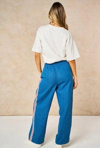 Striped Trim Wide Leg Trousers in Denim Blue