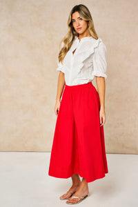 Cropped Wide Leg Cotton Trousers in Red