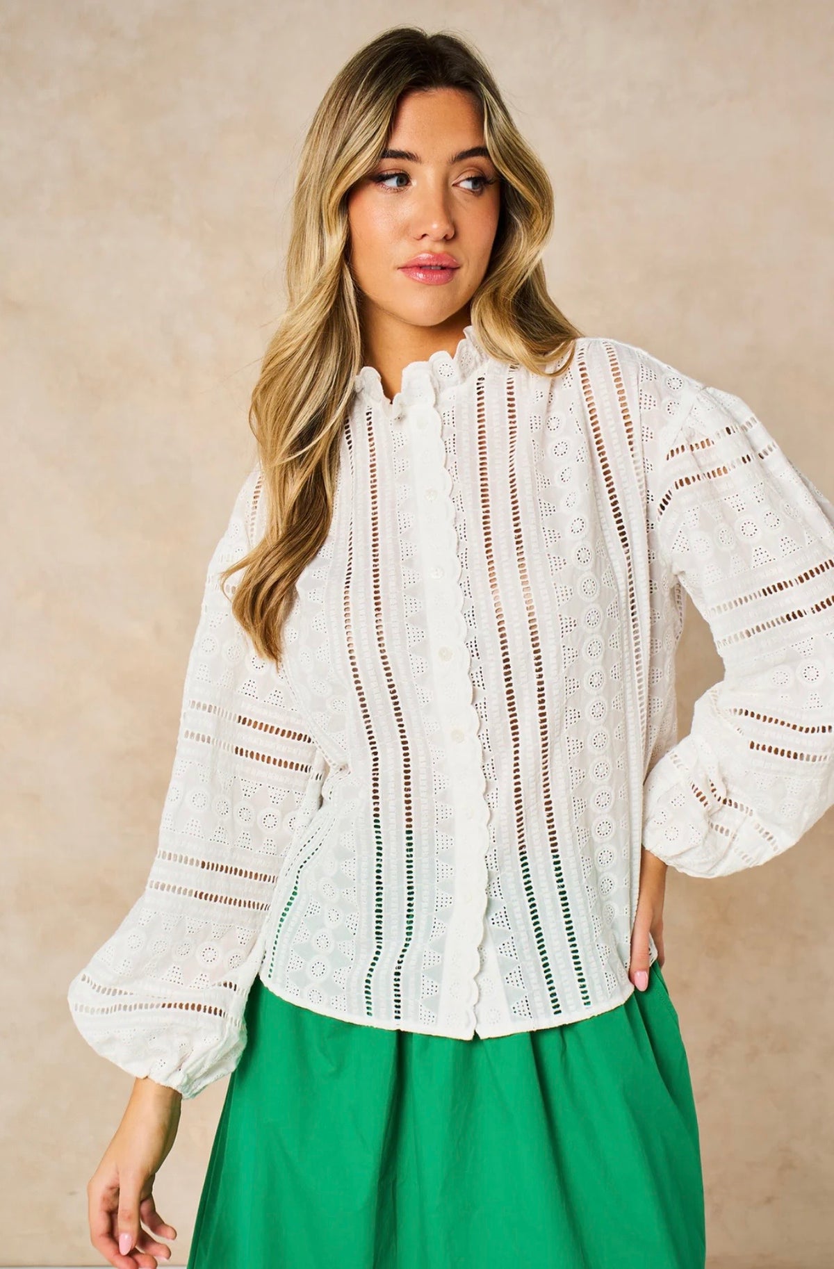 Embroidered Frilly Long Sleeve Cotton Shirt in White