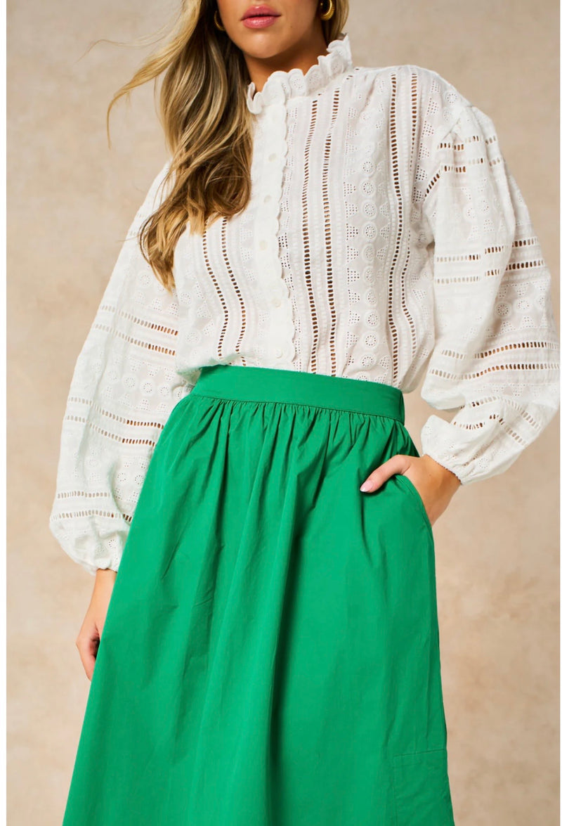 Embroidered Frilly Long Sleeve Cotton Shirt in White