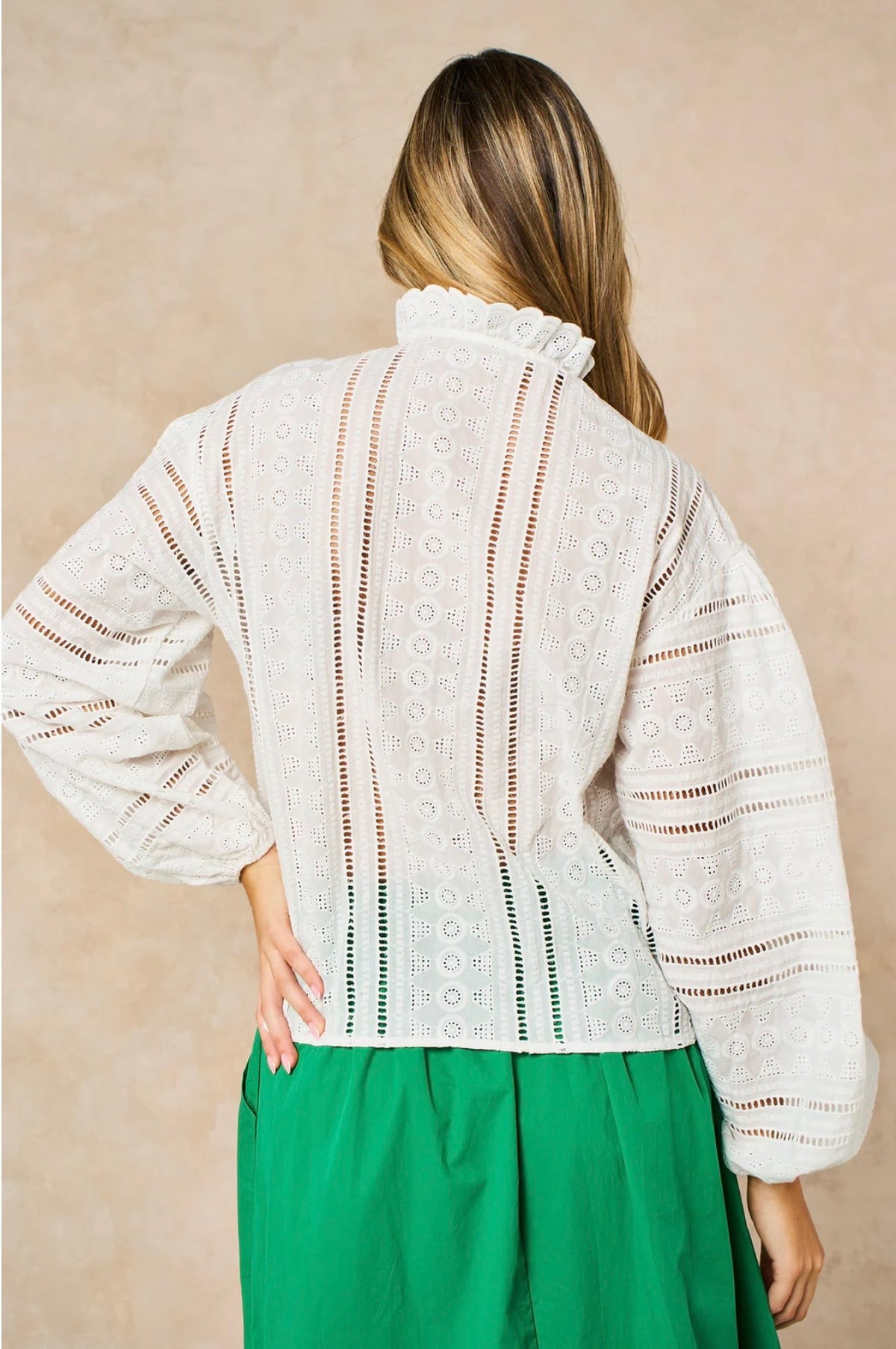 Embroidered Frilly Long Sleeve Cotton Shirt in White