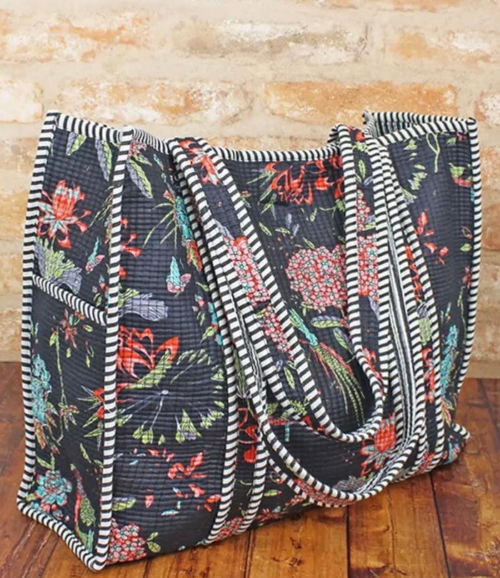 Quilted Cotton Tote Bag - Black