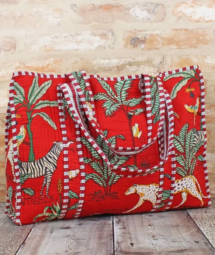 Red Quilted Cotton Tote Bag - Jungle Print