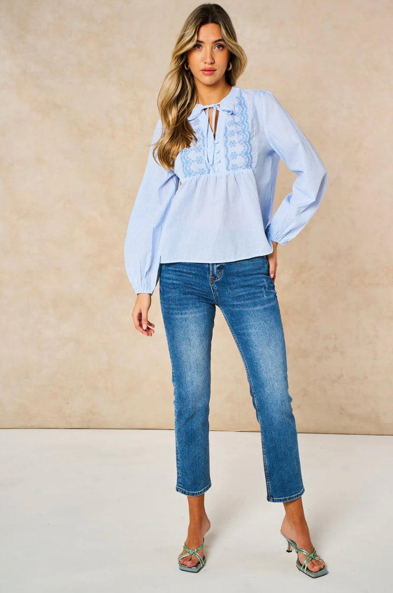Embroidered Pinstripe Long Sleeve Cotton Shirt in Blue