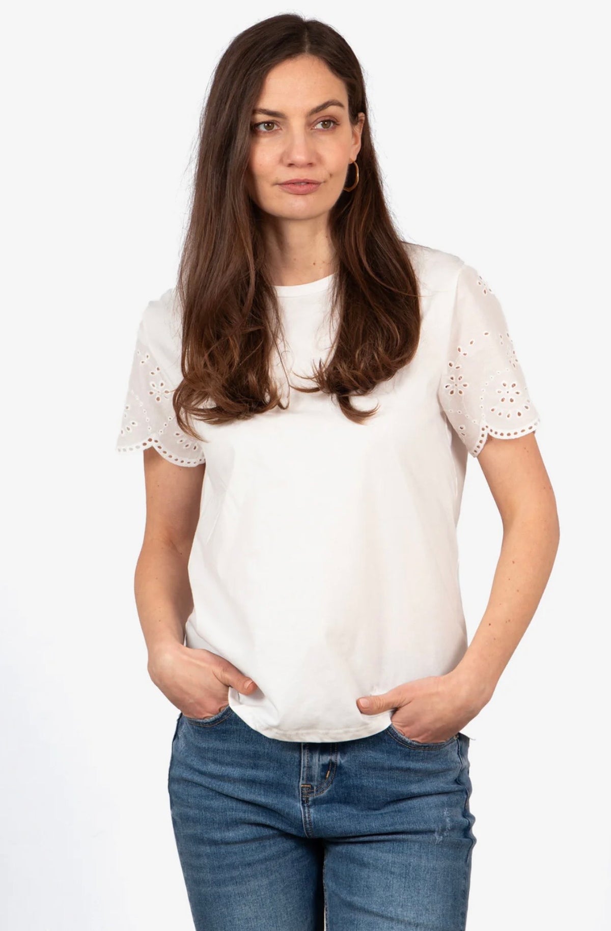 Bryn Cotton Short Sleeve Top - White, Broderie Anglaise