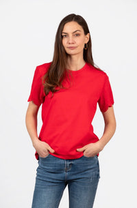 Bryn Cotton Short Sleeve Top - Red, Broderie Anglaise