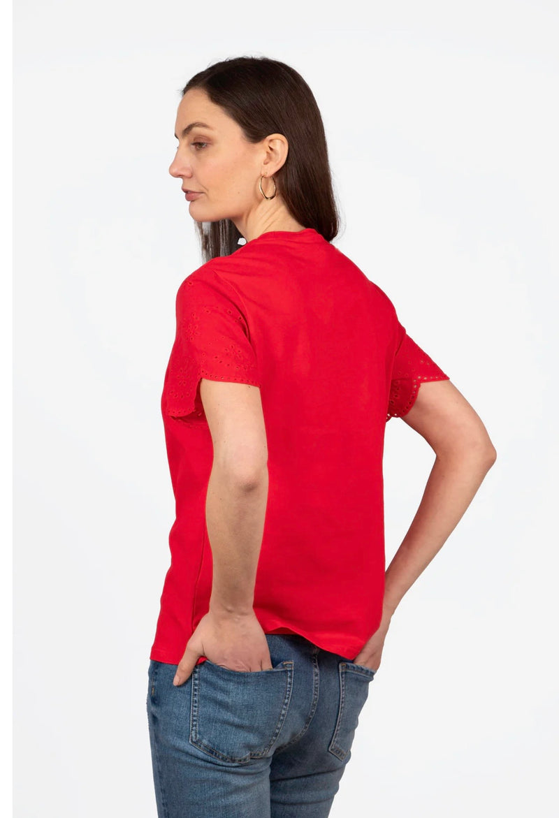 Bryn Cotton Short Sleeve Top - Red, Broderie Anglaise