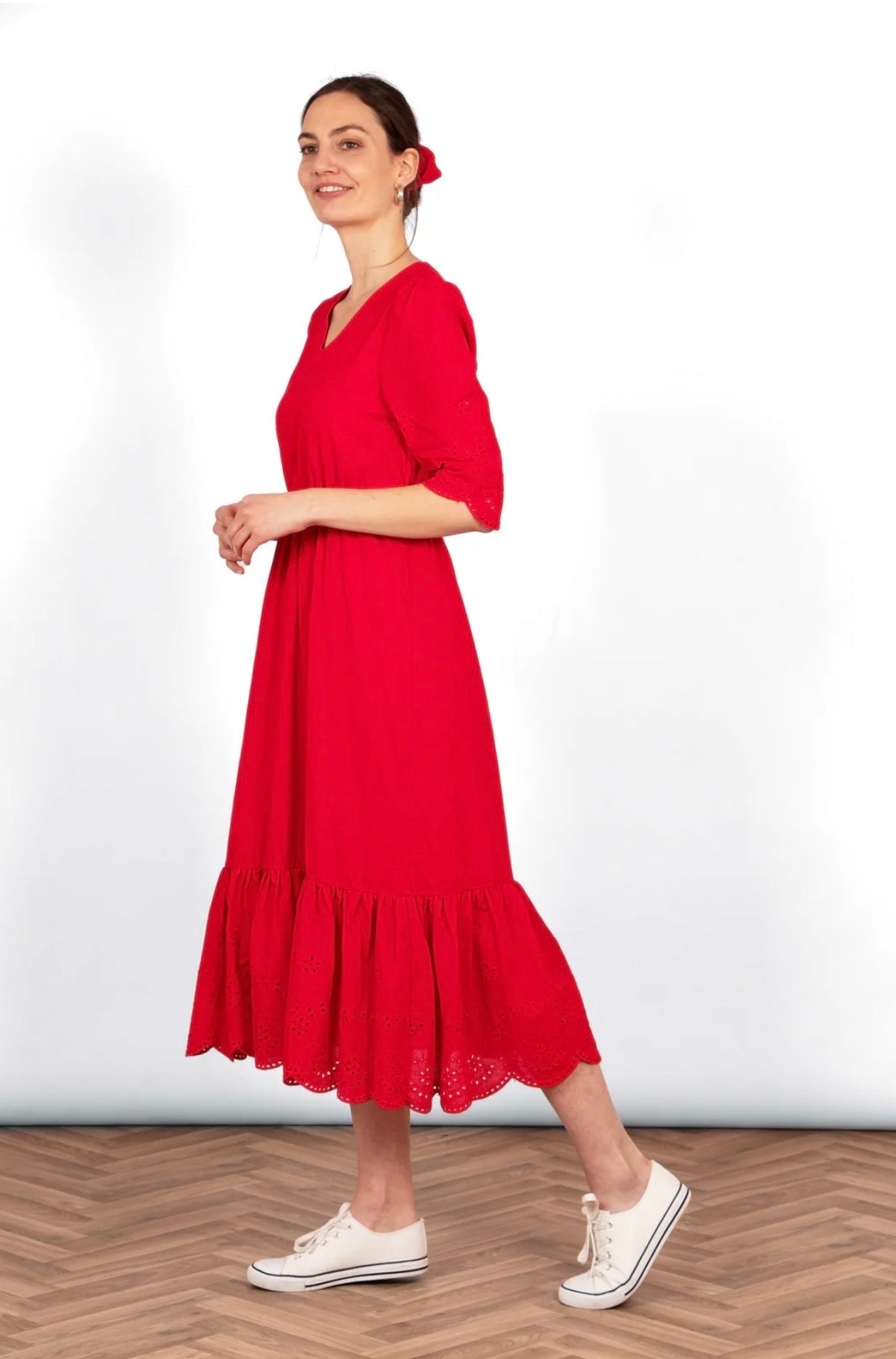 Aurelia Cotton Fit & Flare Midaxi Dress - Red, Broderie Anglaise