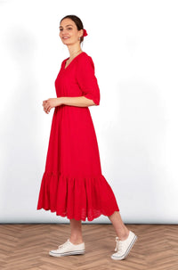 Aurelia Cotton Fit & Flare Midaxi Dress - Red, Broderie Anglaise