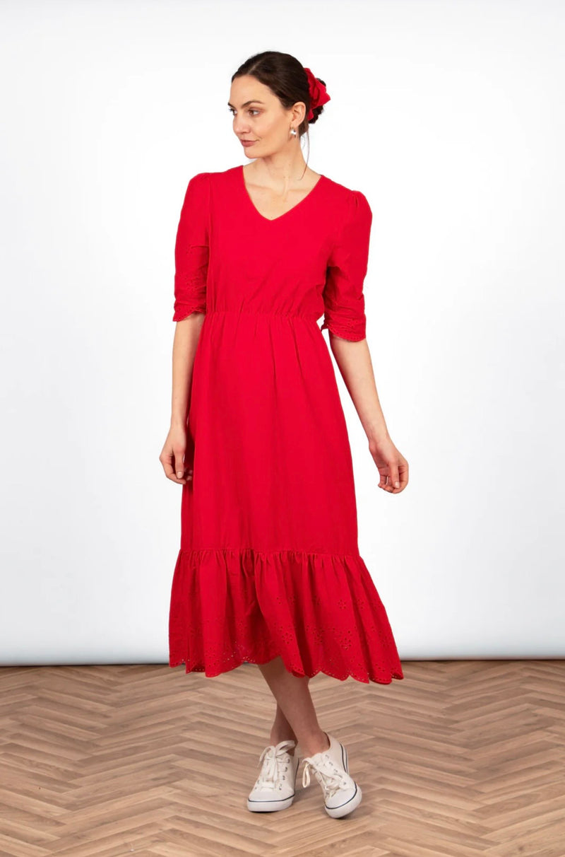 Aurelia Cotton Fit & Flare Midaxi Dress - Red, Broderie Anglaise