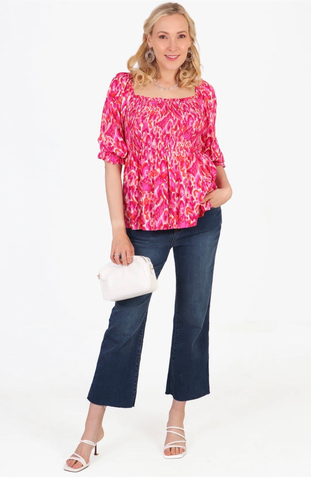 Shirred Milkmaid Peplum Top - Pink