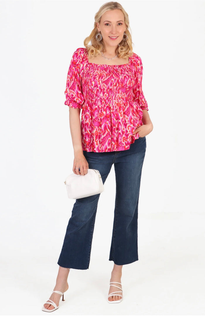 Shirred Milkmaid Peplum Top - Pink